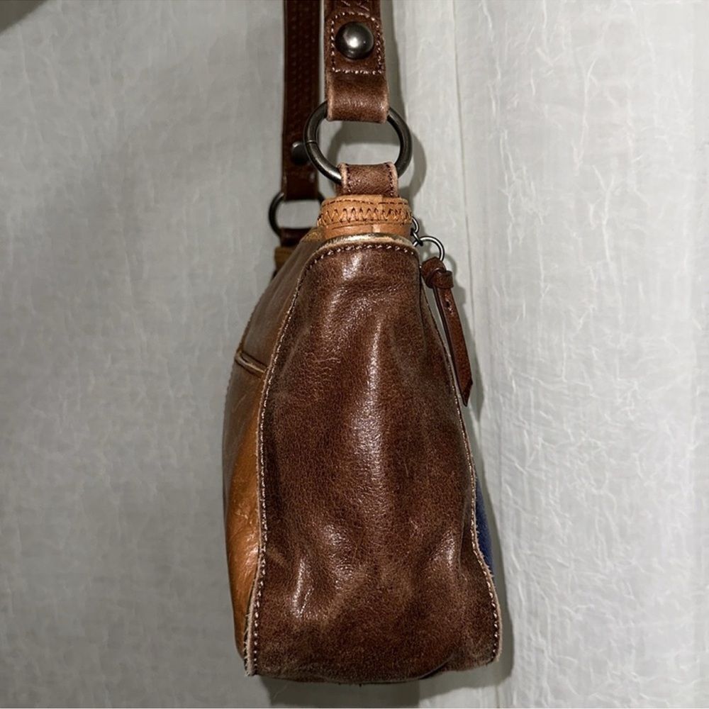 The Sak Blue Brown Gold Trim Genuine Leather Hobo Purse - Picture 8 of 16